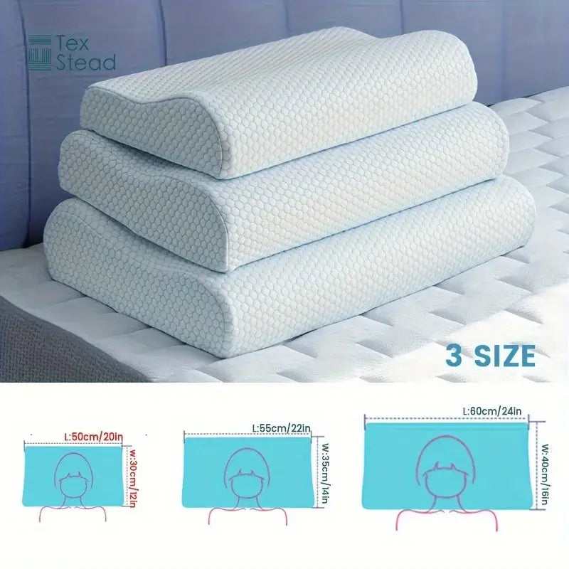 Three white textured memory foam cervical pillows stacked on bed for decorbites cooling memory foam neck support