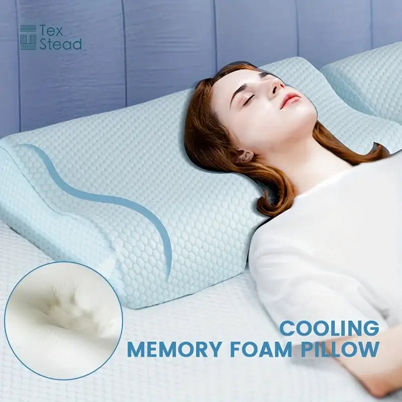 Light blue cooling memory foam contour neck pillow with textured design for bedroom support and neck comfort