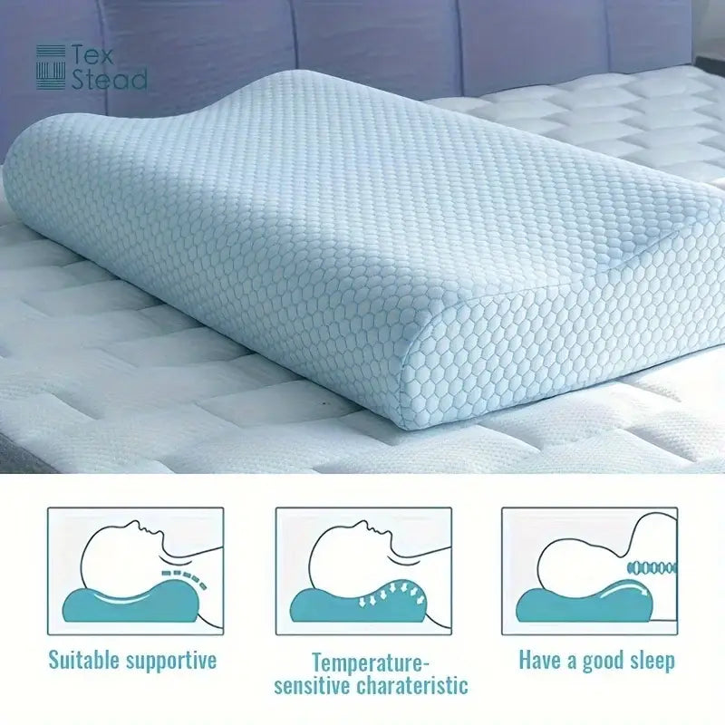 Light blue cooling memory foam contour neck pillow with textured design for cervical support by decorbites memory foam