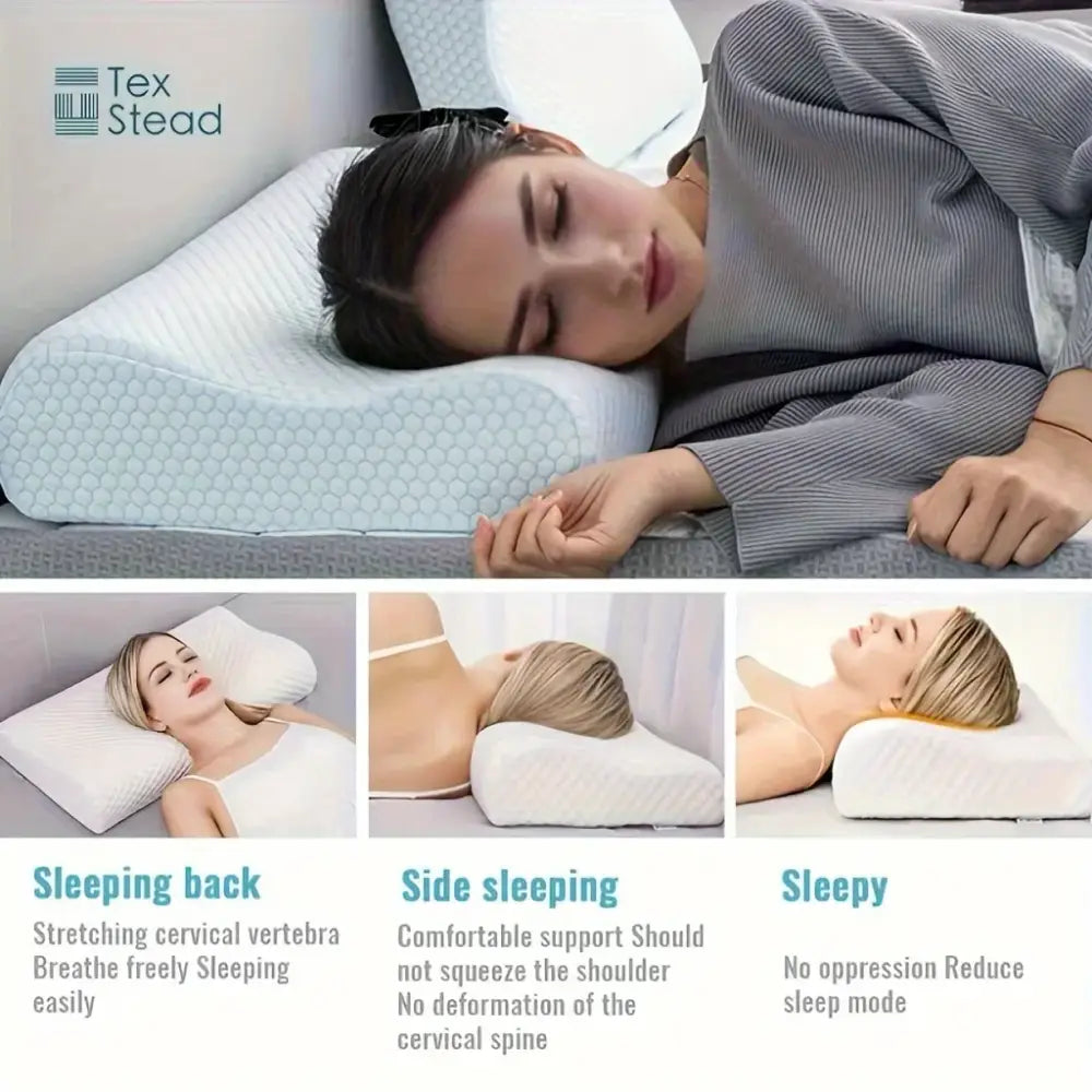 White textured cervical support pillow from tex stead featuring cooling memory foam for neck and bedroom support