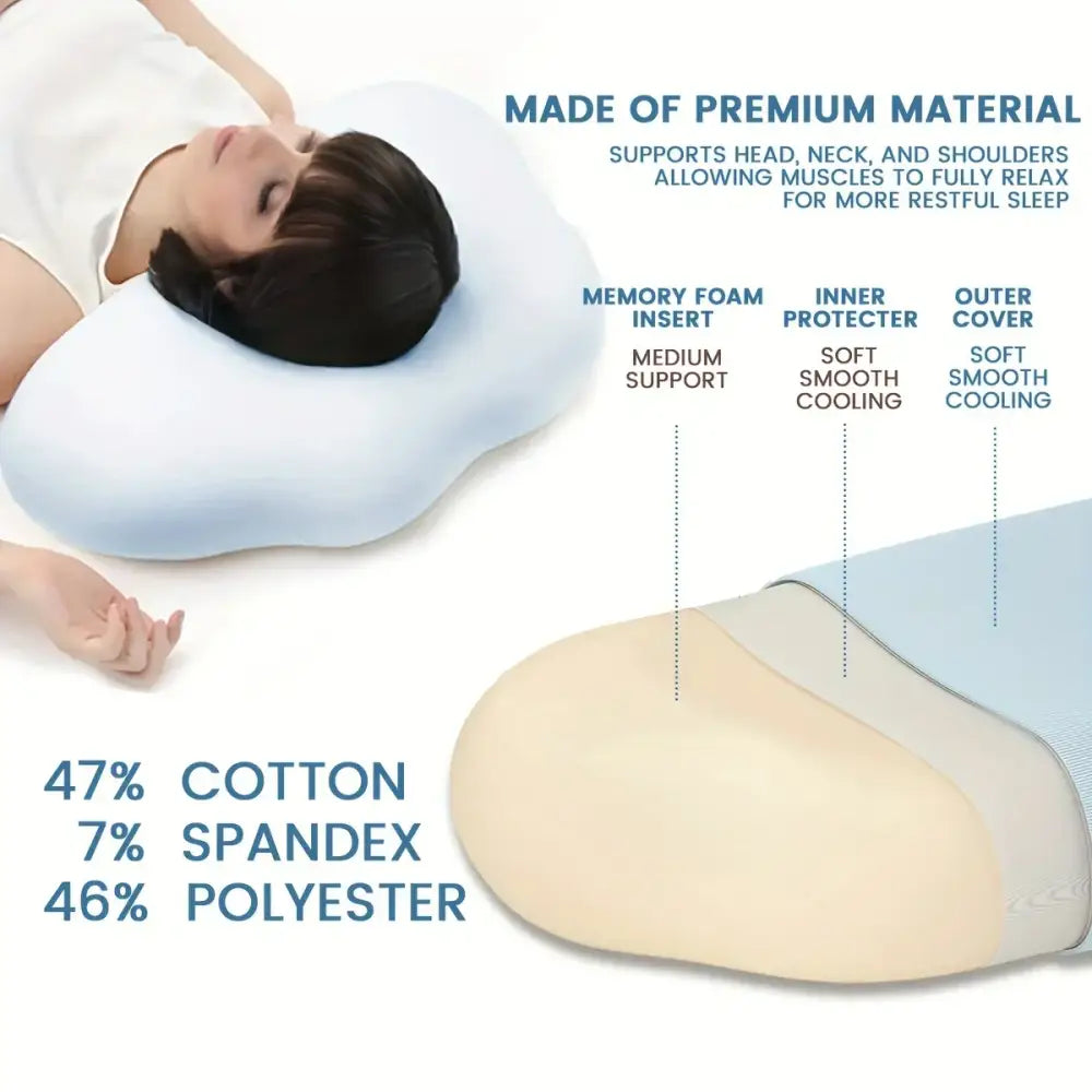 Light blue cooling memory foam pillow with soft contoured ergonomic design for neck and shoulder support