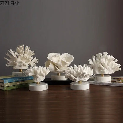 White coral reef simulation sculptures on marble bases with gold connectors for living room decorbites coral reef decor