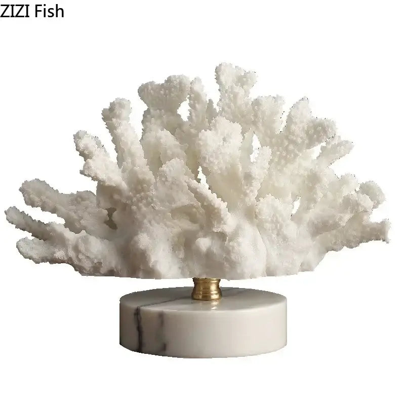 White coral reef simulation sculpture with gold toned stem on marble base for living room decor decorbites coral reef