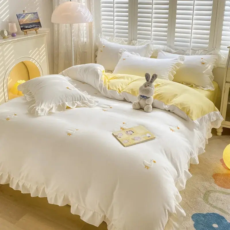 White and yellow ruffled cotton bedding set with embroidered duck motifs for light blue bunny decorbites cartoon embroidery decor