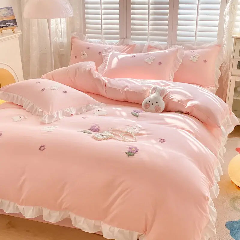 Pink ruffled cotton bedding set with embroidered white bunny and floral motifs for decorbites cartoon embroidery decor