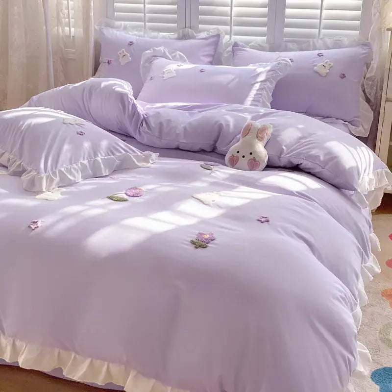 Lavender cotton bedding set with delicate ruffled edges and embroidered floral appliqués for elegant decorbites cartoon embroidery decor