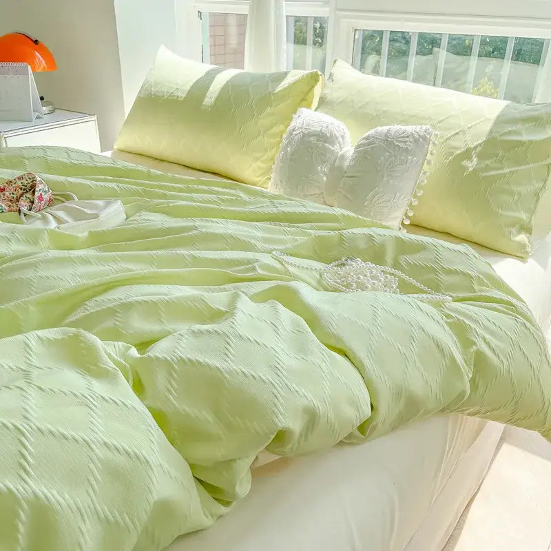 Light green textured duvet cover with subtle diamond-patterned weave in light blue diamond grid jacquard bedding set