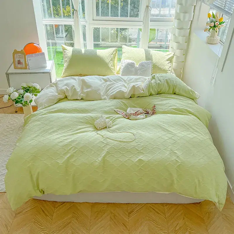 Light green quilted duvet cover set with subtle diamond pattern in grid jacquard bedding for bedroom comfort