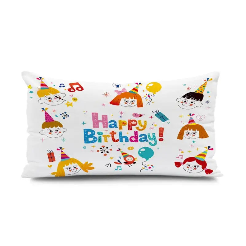 White rectangular pillowcase with colorful happy birthday design featuring cartoon children for decorbites dinosaur animal birthday decor