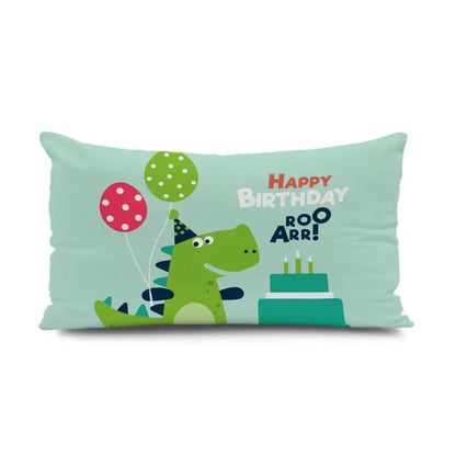 Light blue decorbites dinosaur animal pillowcase featuring a cartoon dinosaur with balloons and happy birthday text for decor