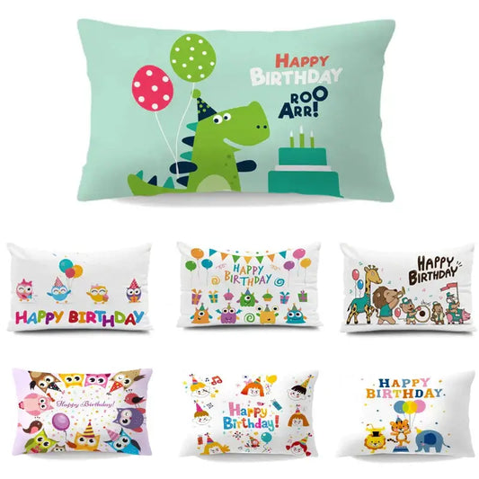 Light blue rectangular pillowcase with a green dinosaur animal happy wearing a party hat and birthday decorbites dinosaur animal design