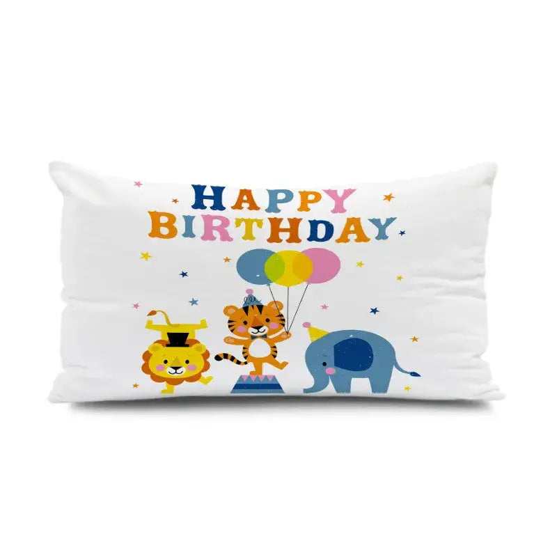 White rectangular pillowcase with colorful happy birthday design featuring lion tiger and elephant for decorbites dinosaur animal bedroom decor