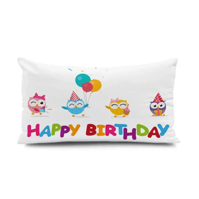 White rectangular pillowcase with colorful cartoon owls and happy birthday print for decorbites dinosaur animal happy bedroom decor