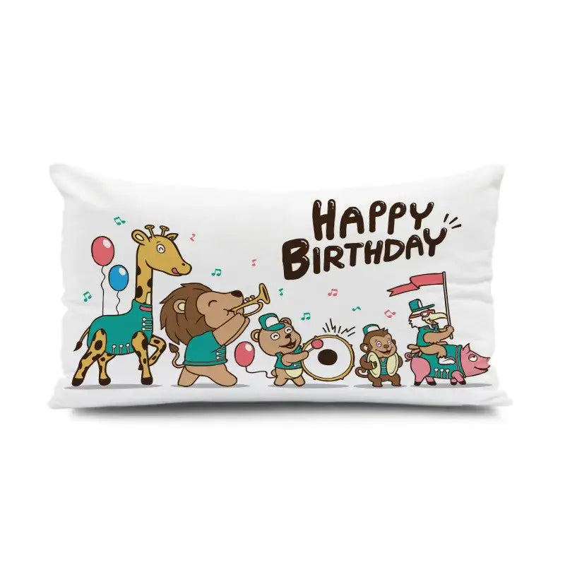 White rectangular pillowcase with colorful dinosaur animal happy birthday parade illustration and light blue decorbites design