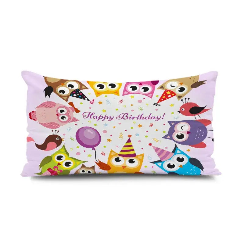 Light blue dinosaur animal happy birthday pillowcase with colorful cartoon owls and birds for bedroom decorbites decor
