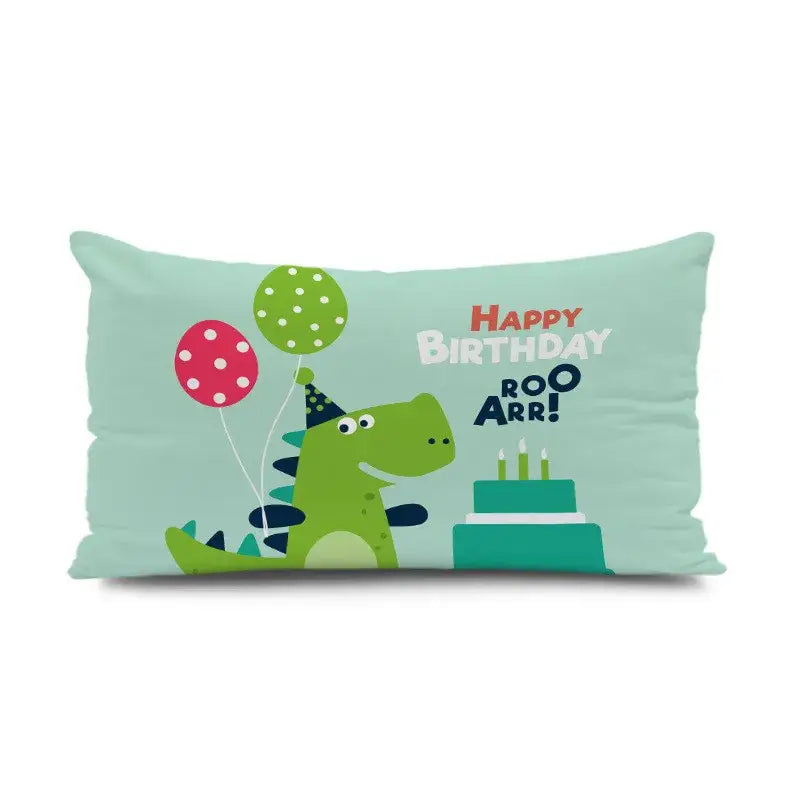 Light blue decorbites dinosaur animal pillowcase with cartoon dinosaur holding balloons next to birthday cake decor