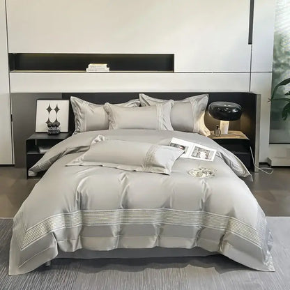 Light blue egyptian cotton embroidery duvet cover bedding set with gray satin-like fabric and subtle horizontal embroidery edges