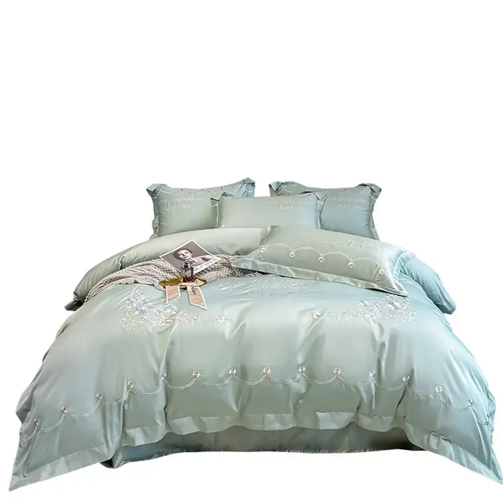 Light blue embroidered egyptian cotton bedding sets with soft mint green satin cotton bedding sets and beaded detailing