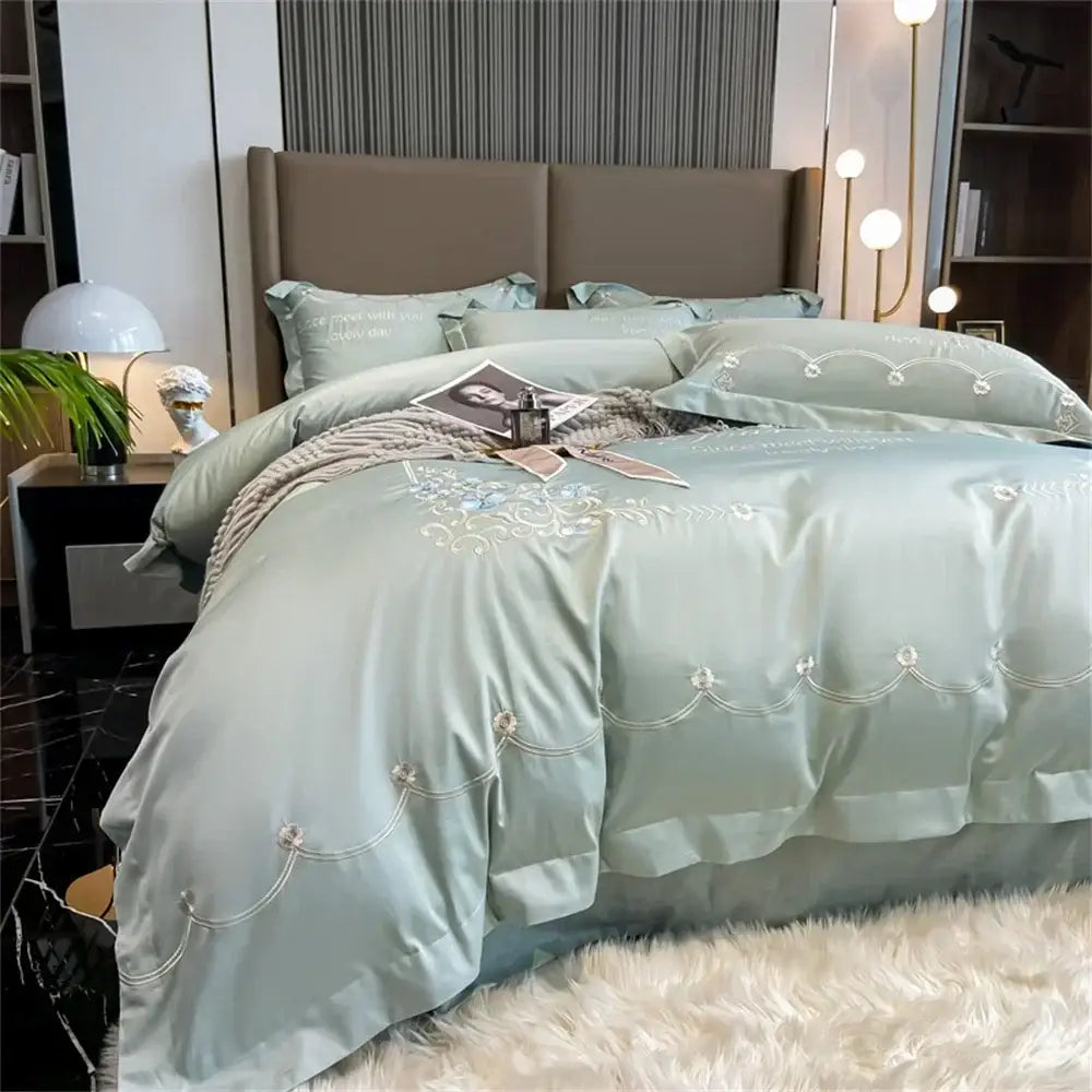 Light green satin duvet cover set with floral embroidery and beads from egyptian cotton bedding sets collection