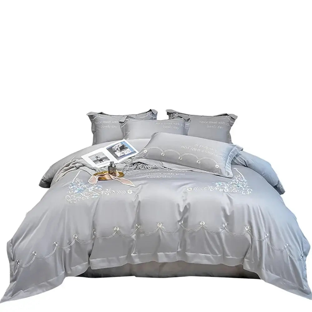 Light blue embroidered egyptian cotton bedding sets in satin luxe with gray satin bed set featuring white embroidery and pearl embellishments