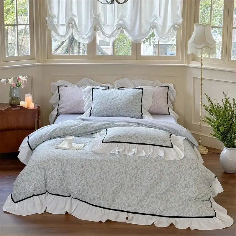 Light blue floral cotton bedding sets with white ruffles and black trim for decorbites cotton bedding bedroom decor
