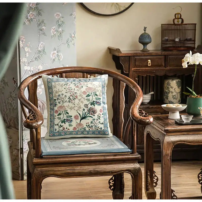Light blue flower fragrance pillow cover with delicate floral embroidery in soft pinks blues and greens for living room decor
