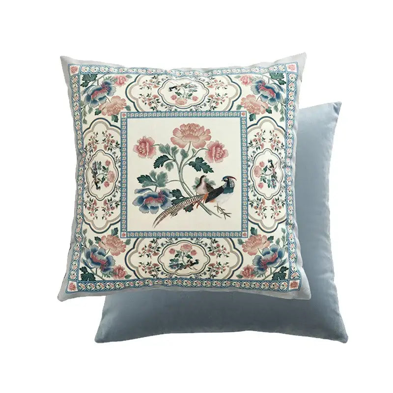 Light blue flower fragrance pillow cover with embroidered pink and blue peonies and birds on cream background for decor