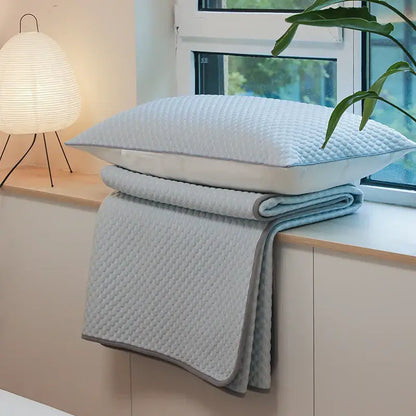 Light blue and gray ice bean bed sheet set with quilted pillow and blanket by decorbites ice for cooling sleep