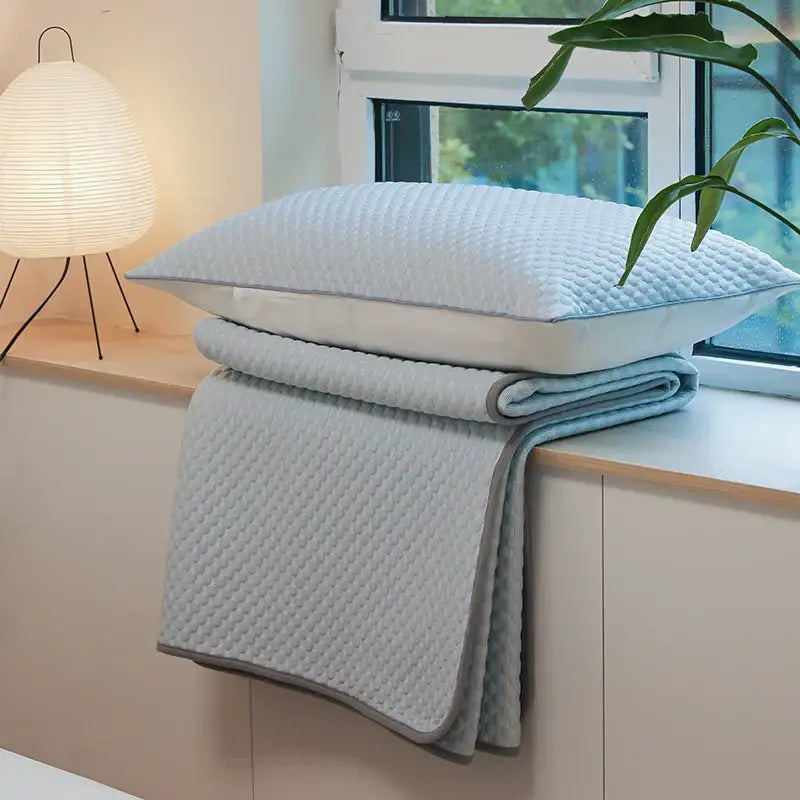 Light blue and gray ice bean bed sheet set with quilted pillow and blanket by decorbites ice for cooling sleep