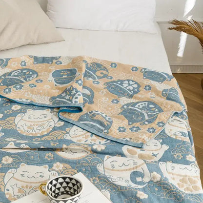 Light blue and gray decorbites cotton gauze summer blanket with beige and blue lucky cat patterns for bedroom throw