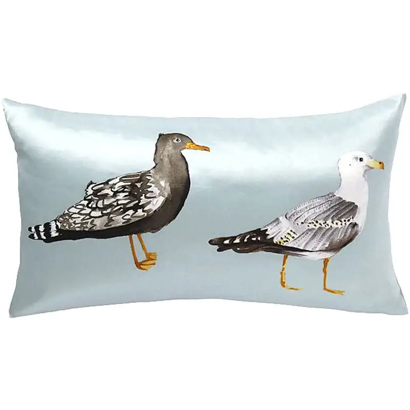 Light blue paradise silk throw pillow cover with watercolor seagulls embroidery for living room decor