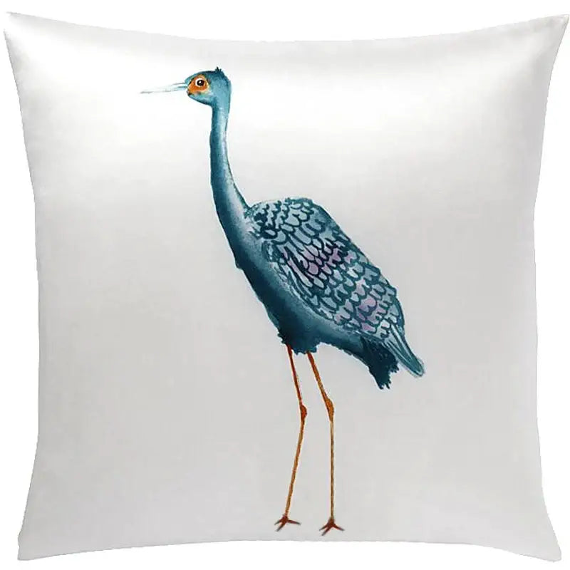 White silk throw pillow cover with painted light blue heron in teal and purple detail for living room decor