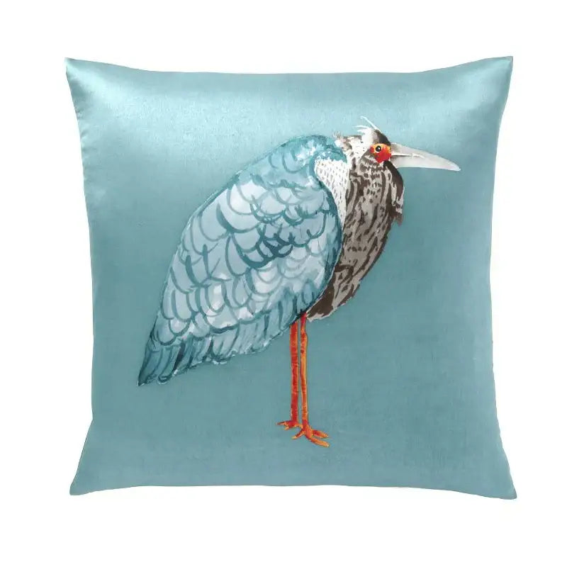 Light blue heron embroidered silk throw pillow cover with teal satin fabric and detailed stitching for living room use