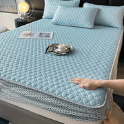 Light blue hexagonal ice silk cooling bed mat set with breathable mesh border for comfortable bedroom use