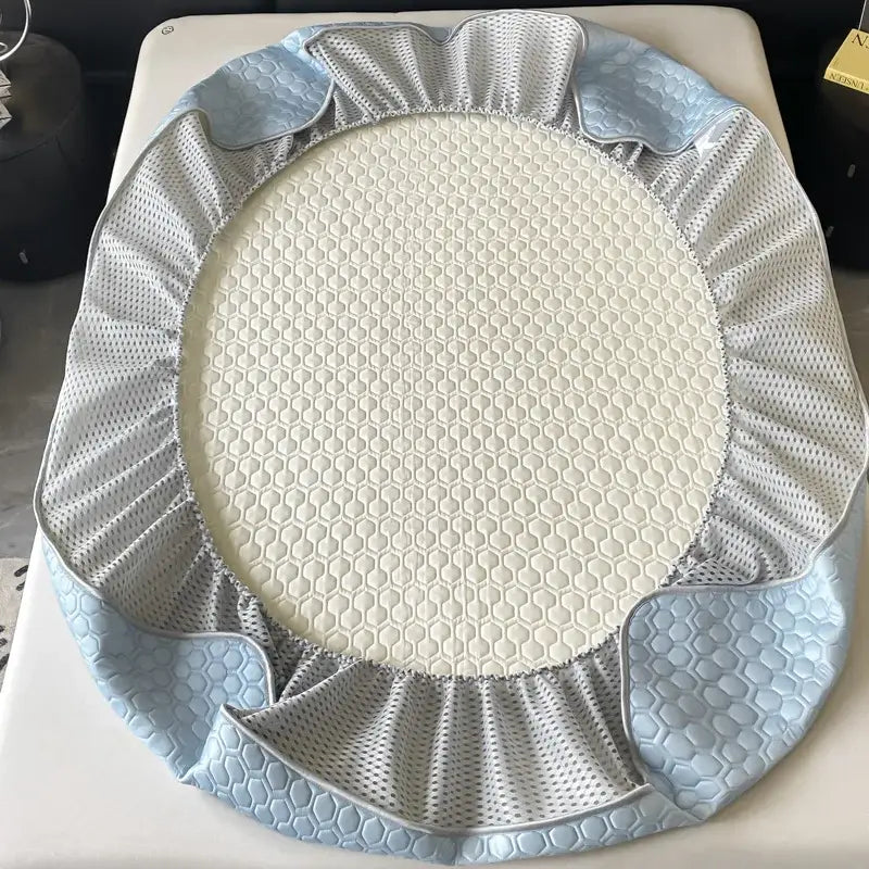 Light blue and gray mesh-patterned hexagonal ice silk cooling car seat cushion with honeycomb texture bed mat set