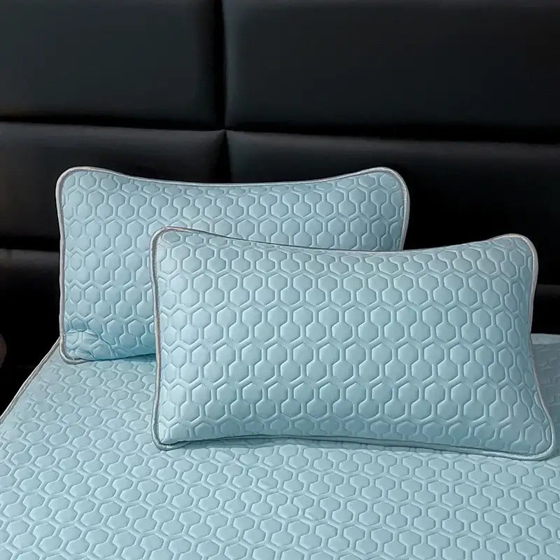 Light blue ice silk quilt set pillowcases with hexagonal quilting and stitched edges for decorbites cool feeling bedding