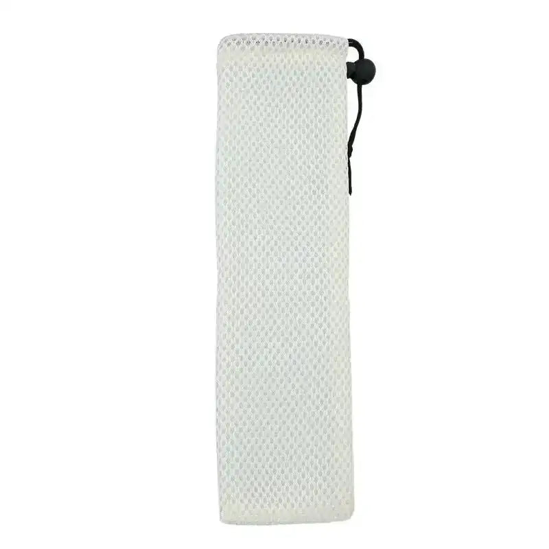 White mesh pouch with black drawstring closure as part of decorbites cotton linen cutlery case for travel use