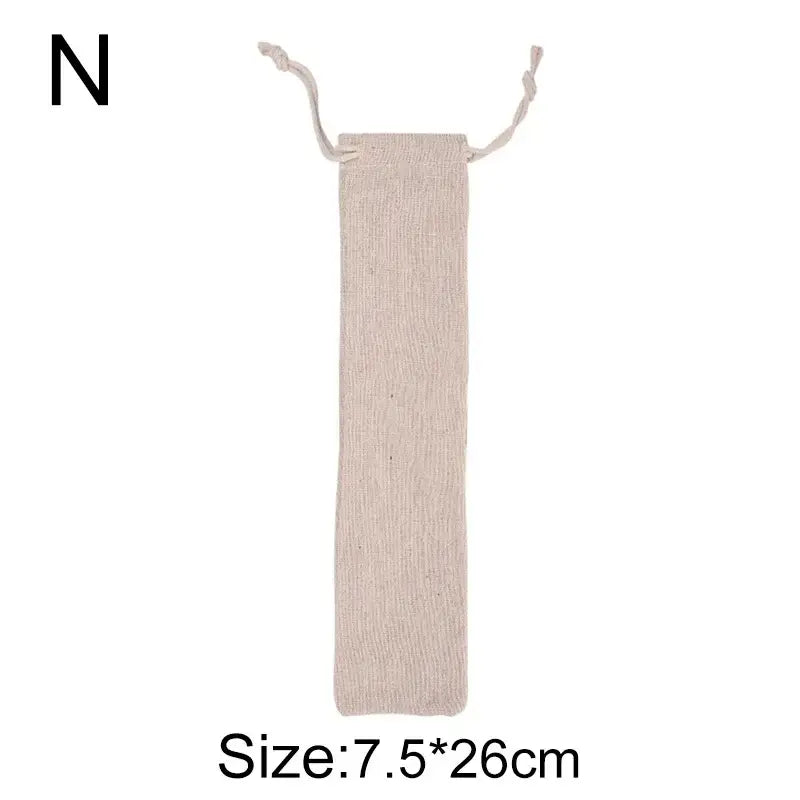 Beige linen drawstring pouch with textured weave and cord for decorbites cotton linen cutlery case use