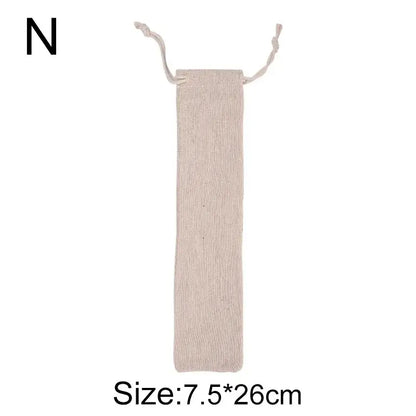 Beige linen drawstring pouch with textured weave and cord for decorbites cotton linen cutlery case use