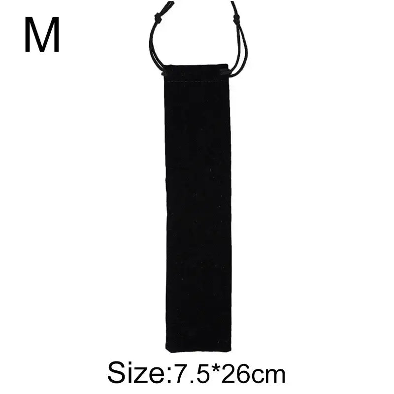 Black velvet pouch with drawstring closure paired with light blue decorbites cotton linen cutlery case for travel use