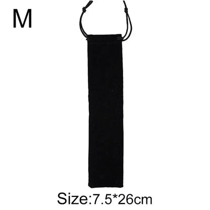 Black velvet pouch with drawstring closure paired with light blue decorbites cotton linen cutlery case for travel use