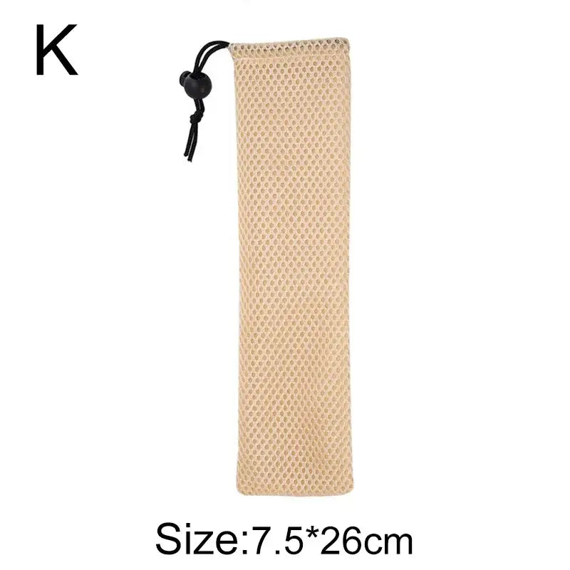 Beige mesh drawstring pouch with black cord and bead closure as a decorbites cotton linen cutlery case for travel