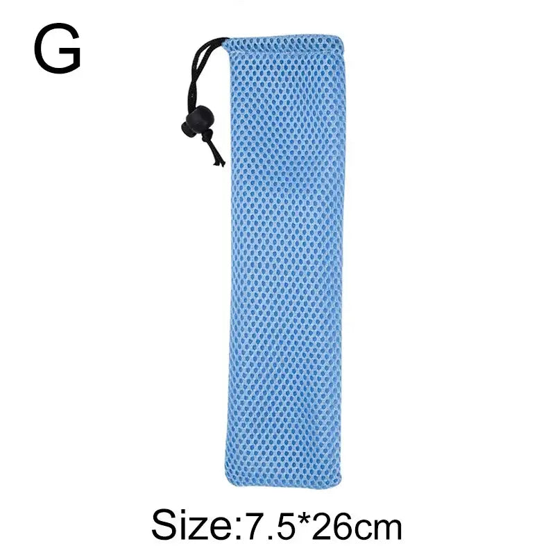 Light blue mesh cotton linen cutlery case with black drawstring closure for dining room travel decorbites cotton linen
