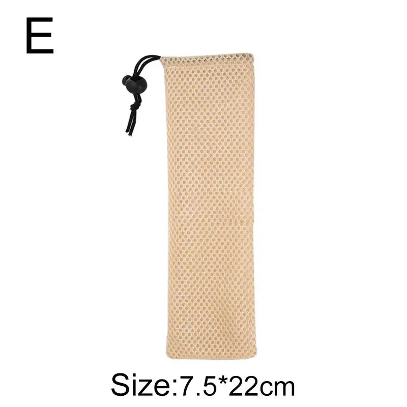 Beige mesh drawstring pouch with black toggle closure from decorbites cotton linen cutlery case for travel and dining room use
