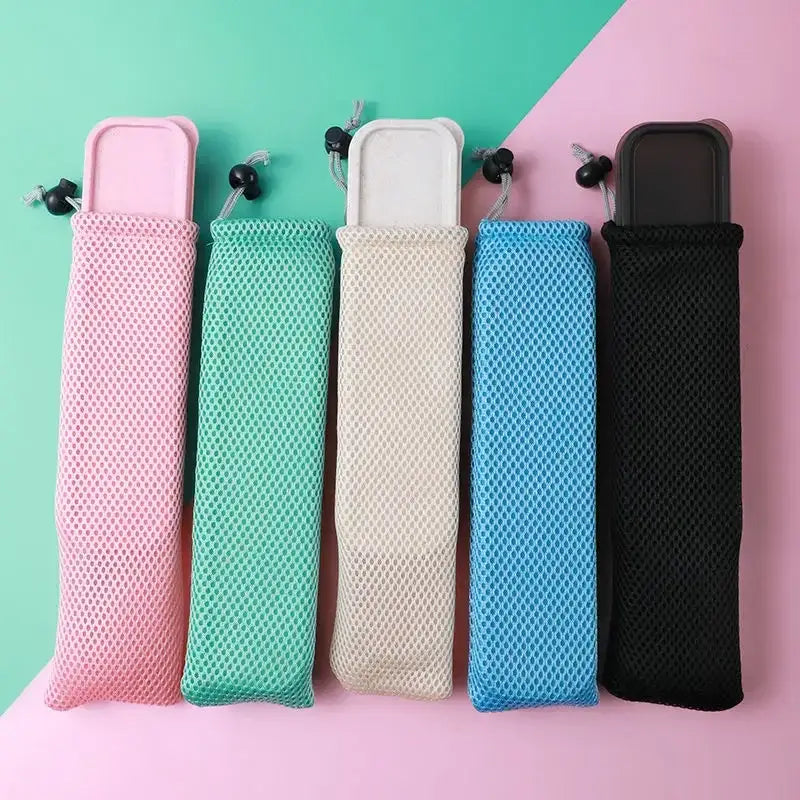 Five colorful mesh cotton linen cutlery cases with drawstring closures and solid inserts for decorbites travel use