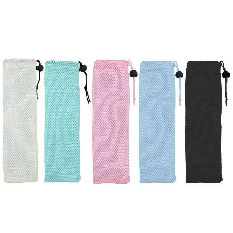 Five cotton linen cutlery cases in white mint green pink light blue and black with drawstring closure by decorbites