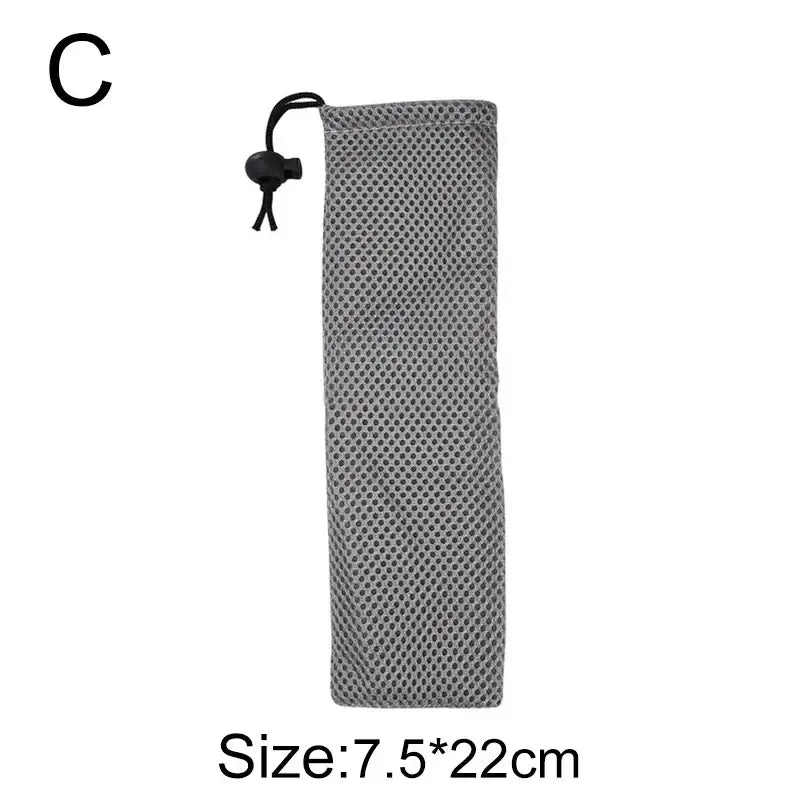 Gray mesh pouch with black drawstring closure for decorbites cotton linen cutlery case travel use
