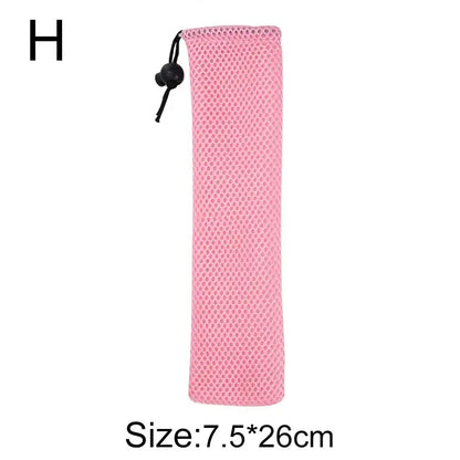 Pink mesh storage pouch with black drawstring closure for decorbites cotton linen cutlery case use in dining room travel
