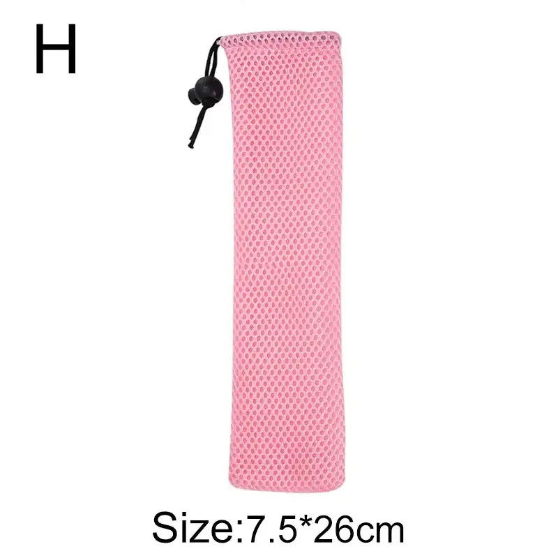 Pink mesh storage pouch with black drawstring closure for decorbites cotton linen cutlery case use in dining room travel