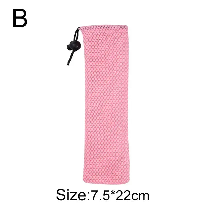 Pink mesh drawstring pouch with black toggle for decorbites cotton linen cutlery case ideal for dining room travel